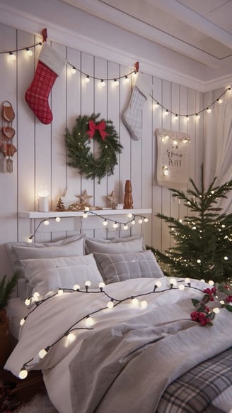 a bedroom with christmas lights and a christmas tree