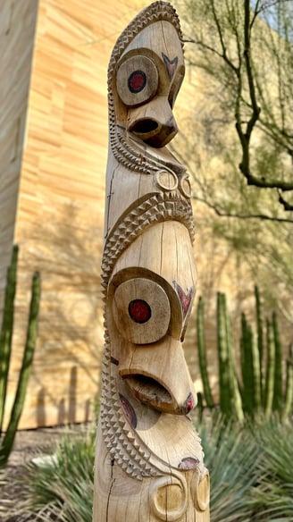 a wooden vanuatuan slit drum with faces carved into it