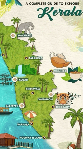 A map of Kerala state with tourist places along with matching images