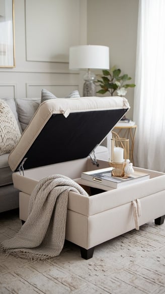 neutral-toned storage ottoman with a blanket on it, with couch, coffee table book, and chic candle