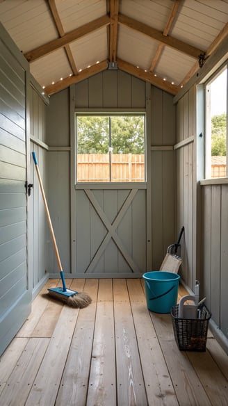 An empty garden shed with its contents cleared out. The wooden floor is being swept, and cleaning supplies such as a broom