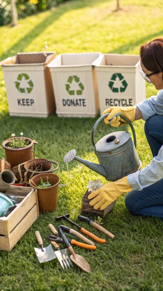A collection of gardening tools, pots, and other items spread out on a lawn. Sorting boxes are labeled “Keep,” “Donate,”