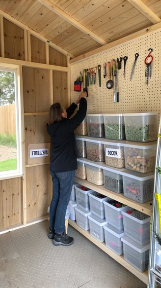 A garden shed in the process of being organized. Shelves are being installed along the walls, and a pegboard is hung