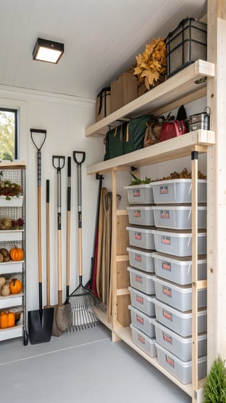 A fully organized garden shed with tools like rakes and shovels hanging on one side, and clear bins stacked on labeled shelf