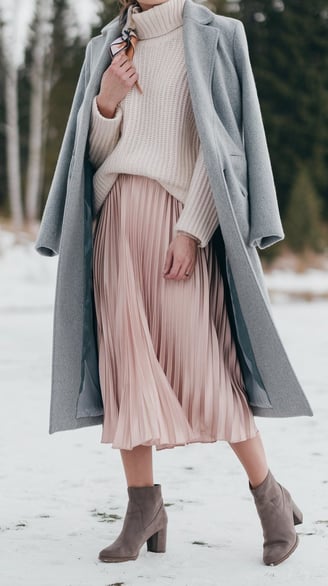a woman in a pleated blush tone midi skirt, chunky cream sweater, grey wool coat, and ankle boots