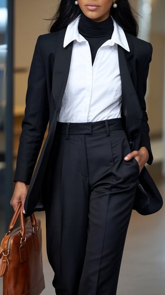 a woman in a white button up with a black turtle neck under, black trousers, and briefcase