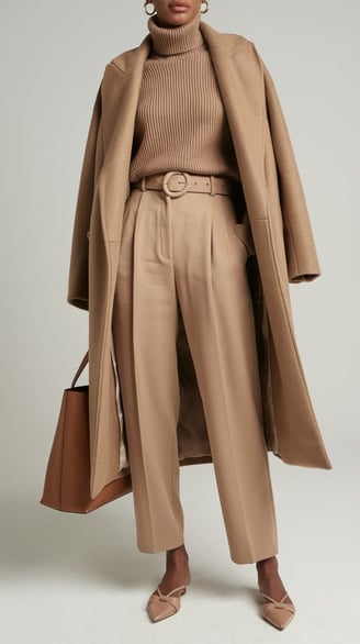 a woman in a camel coat, turtleneck, and matching pants