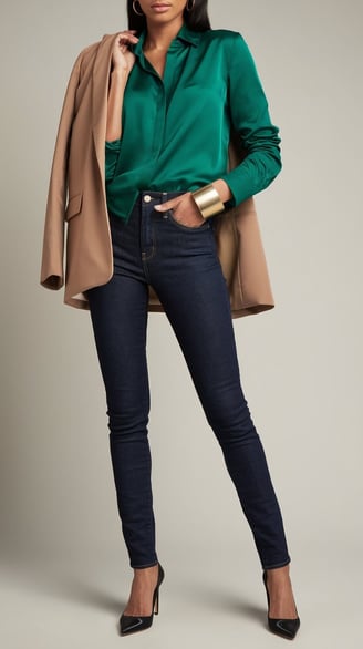 a woman in an emerald blouse, beige blazer, and dark jeans