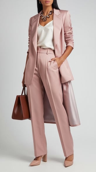 a woman in a blush pink blazer and trousers, a white silk camisole, and block-heel nude pumps sleek