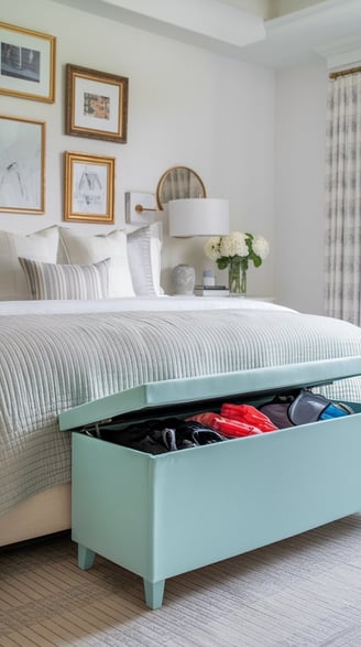 pastel blue storage bench at the end of a bed