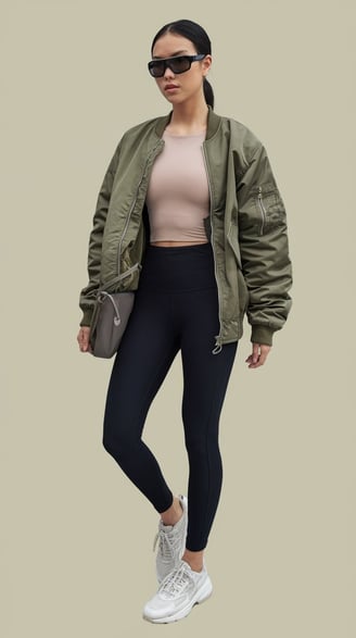 a woman in a beige tank top, olive bomber, and black leggings