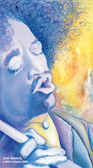 Jimi Hendrix © Beth Crosley 2008, acrylic on canvas, 16” x 28”