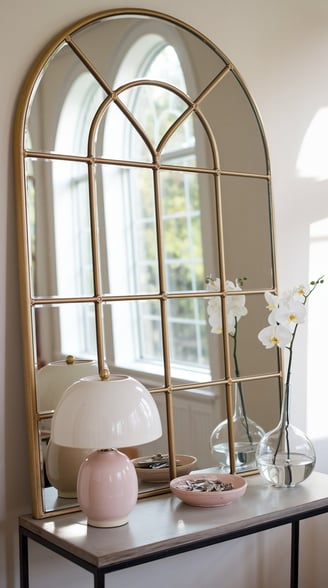 arched gold mirror with a lamp, bowl of keys, and a vase with a single orchid stem on a console