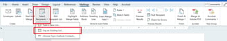 screenshot of Mailings ribbon with the Select Recipients option Use an Existing List selected