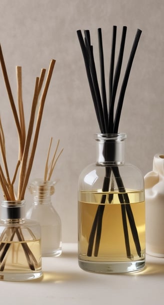 A white, sleek essential oil diffuser emits a gentle wisp of vapor, placed alongside a small dark bottle labeled ‘Eucalyptus’. They both rest on a soft gray fabric, accompanied by a branch of eucalyptus leaves that adds a natural touch.