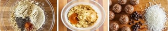 Process of making no-bake protein energy balls, from mixing ingredients to forming the finished balls with chocolate chips an
