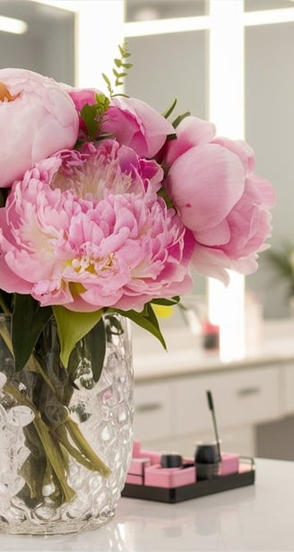 a vase with pink flowers in a vase on a table