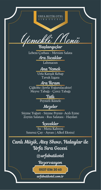 Vezirhan Konağı Sıra Gecesi Yemekli Menü | Urfa Butik Otel