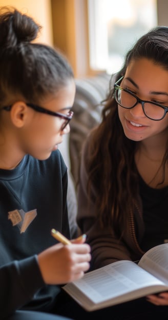 a tutor sitting on a couch with a young girl