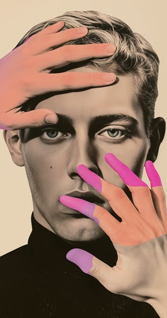 a man with a hand on his head, collage art, ai art, identity