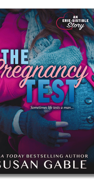 Pregnancy Test cover - pregnant woman in pink winter coat, man cradling her baby bump with hands
