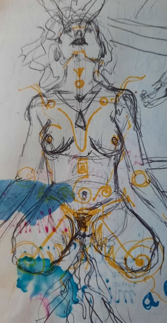 croquis représentant un corps qui menstrue et qui exprime la doulleur