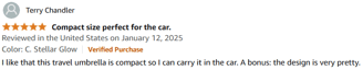5 star review of Tumella Flip-proof Travel Umbrella compaction and pretty designs