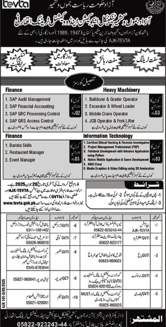 AJK TEVTA free courses June 2025 advertisement showing finance, heavy machinery, and IT training pos