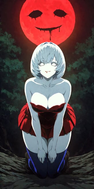 Anime-style girl with pale skin and white eyes, under a red moon with a creepy smile, in an eerie forest on a gloomy night.