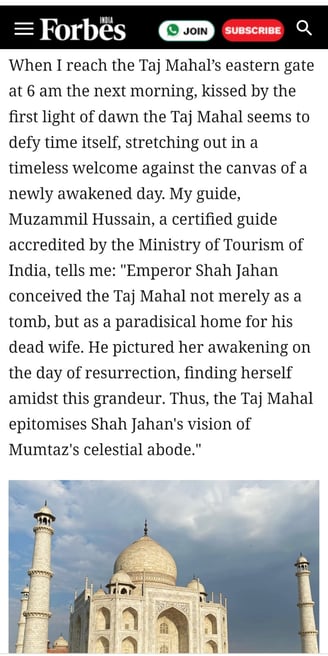 Muzammil's storytelling of the Taj Mahal has been Featured in FORBES India in 2024 