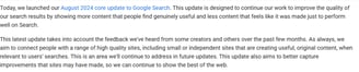 Screenshot of Google's statement on their August 2024 Core Update