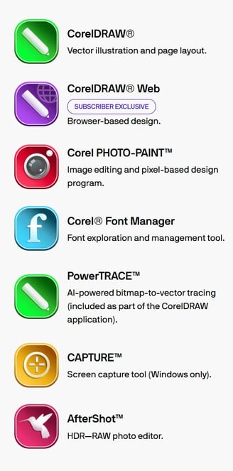 CorelDraw included Applications list