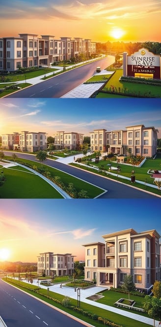 a series of four different views of a building