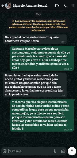 Testimonio vía WhatsApp de cliente satisfecho por los resultados obtenidos con un amarre de amo