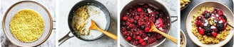 The image shows the process of preparing quinoa with berries, from rinsing and cooking to serving with toppings.