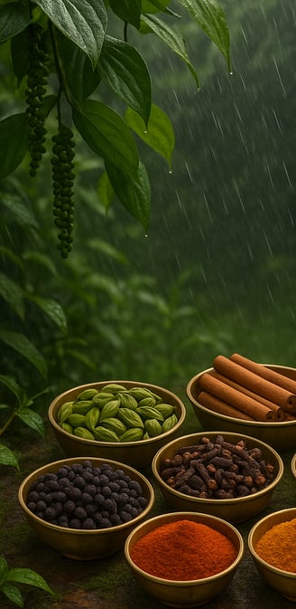 Black Pepper, Green Cardamom, Mustard seed, Cinnamon sticks, Cloves, Cumin Seed, Chili Powder,
