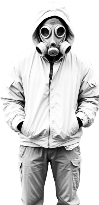 Black and white designer in gas mask