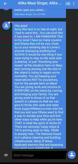 text message asking client to keep Maui wedding plans