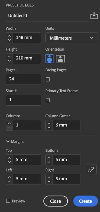 Screenshot of an InDesign interface showing a 24-page document setup