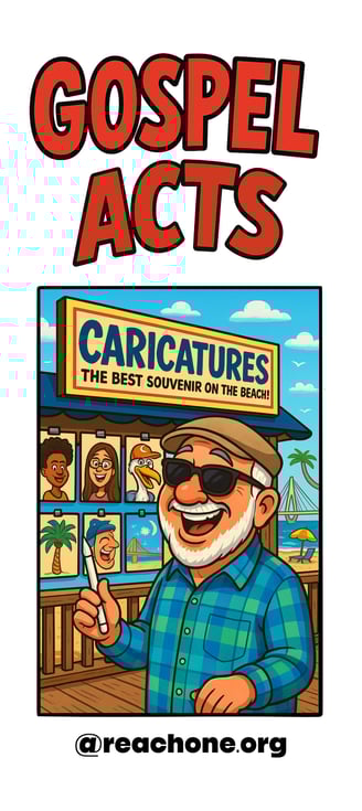 A happy, caricature artist standing in front of a Caricature booth at the beach.