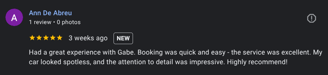 Customer review of professional car detailing services – showcasing mobile car detailing results and