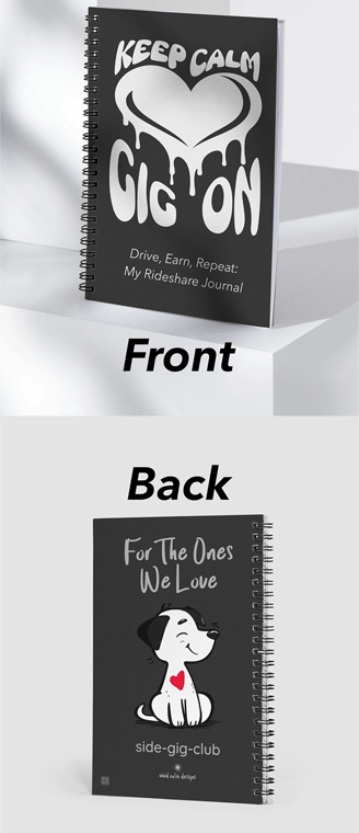 my rideshare note and journal, keep calm, gig on, for the ones we love, vivid calm designs, puppy