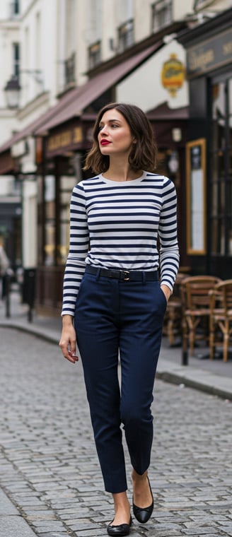 a woman in a striped shirt and heels