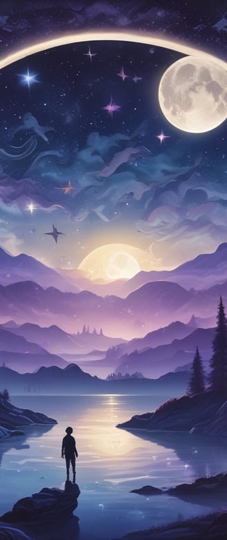 a man standing on a mountain top with a view of a full moon