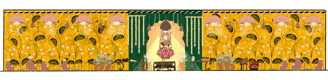 Floating marigold rangoli in shape of Goddess eyes behind wedding throne