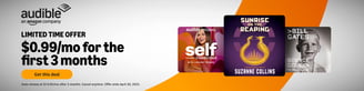 Amazon Audible logo. Limited time offer first 3 months free. Amazon audiobooks, music and podcast