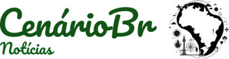 Logo do site: CenárioBr na cor verde floresta, Notícias posicionado logo abaixo e um mapa do Brasil contornado de preto.