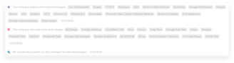 StackRadar tech change log showing added and removed technologies such as jQuery, Amazon S3, Google
