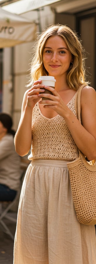 a woman in a dress is holding a cell phone