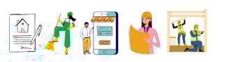 "Illustration of home renovation process: design, cleaning, payment, planning, and construction."